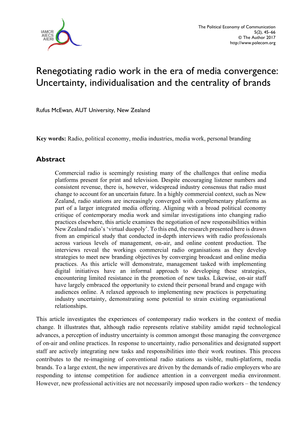 Renegotiating Radio Work in the Era of Media Convergence: Uncertainty, Individualisation and the Centrality of Brands