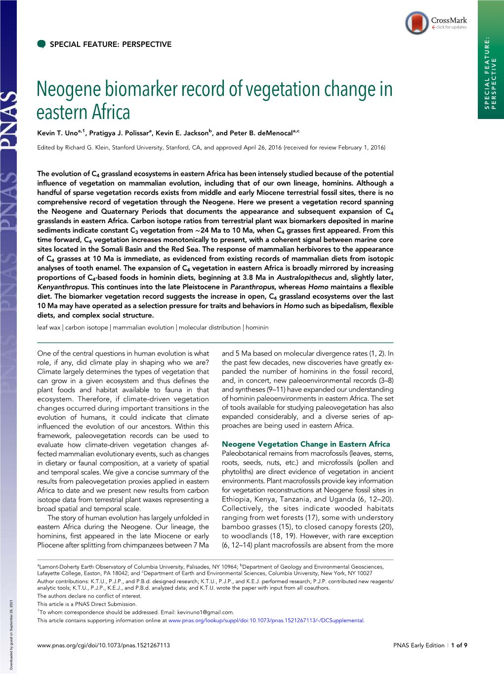 Neogene Biomarker Record of Vegetation Change in Eastern Africa SPECIAL FEATURE: PERSPECTIVE Kevin T