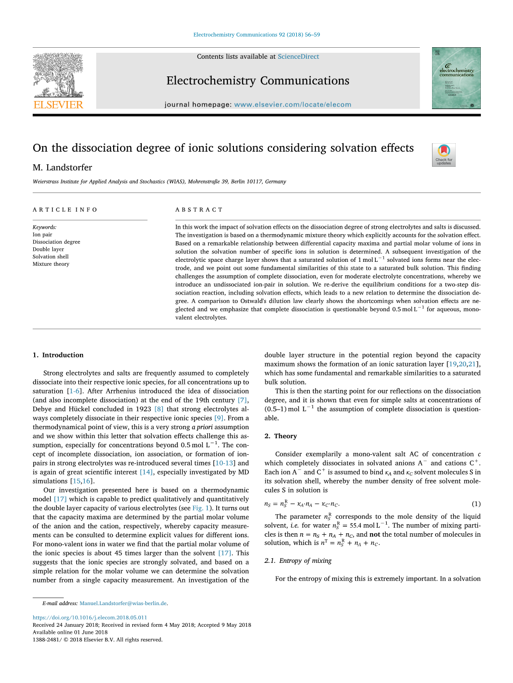 On the Dissociation Degree of Ionic Solutions Considering Solvation Effects