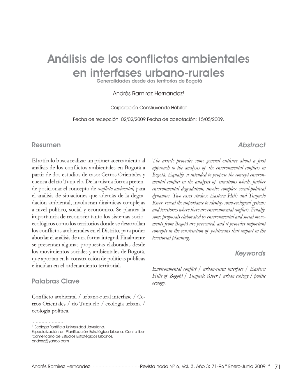 Análisis De Los Conflictos Ambientales En Interfases Urbano-Rurales Generalidades Desde Dos Territorios De Bogotá