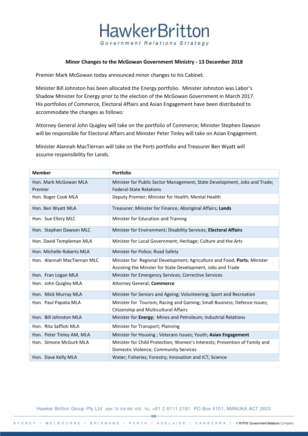 Minor Changes to the Mcgowan Government Ministry - 13 December 2018