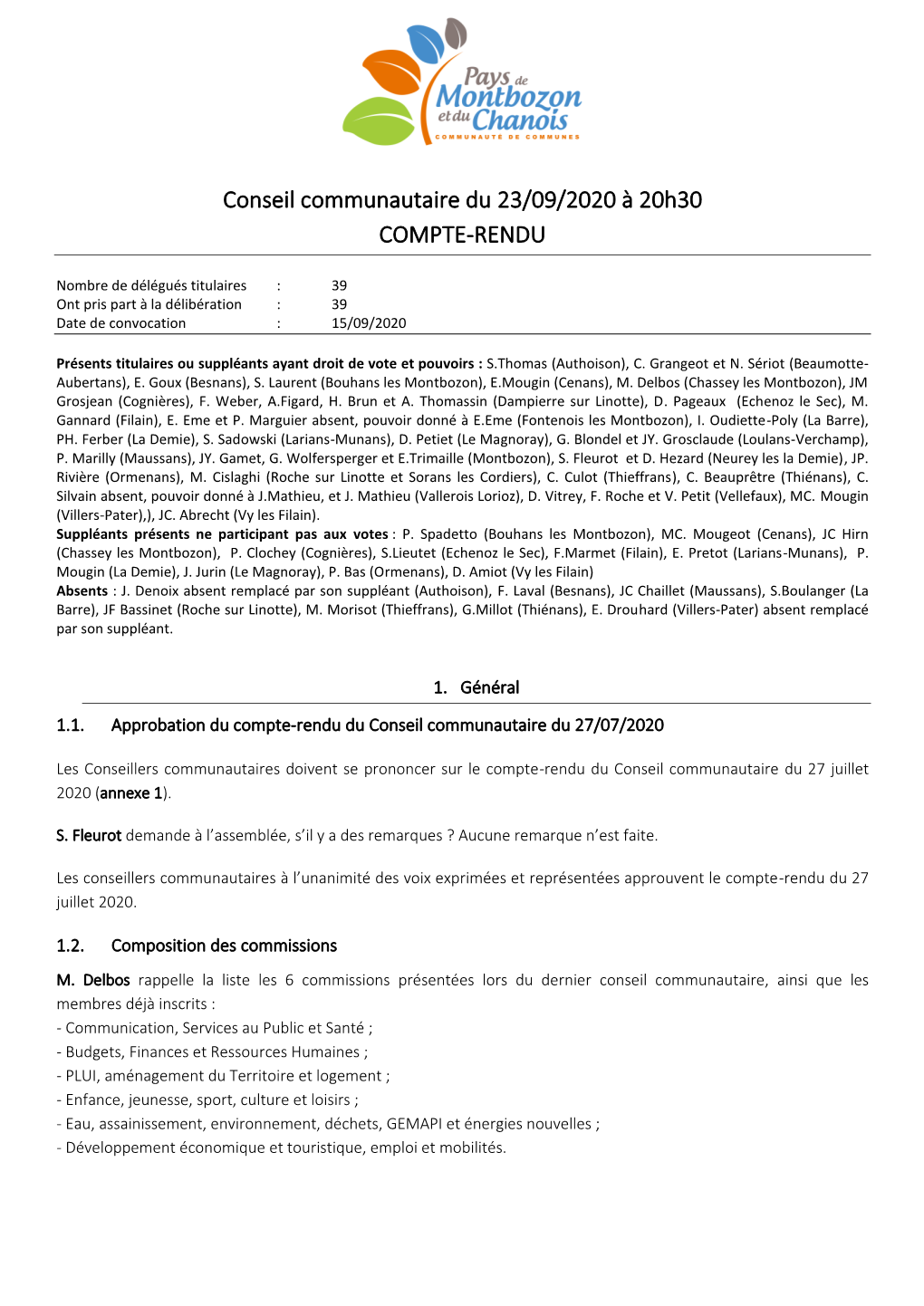 Conseil Communautaire Du 23/09/2020 À 20H30 COMPTE-RENDU