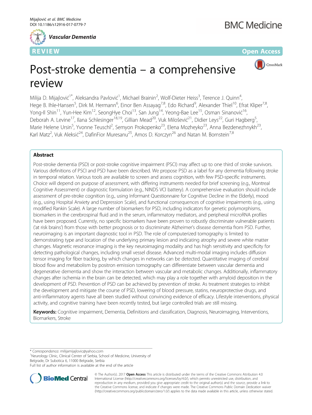 Post-Stroke Dementia – a Comprehensive Review Milija D