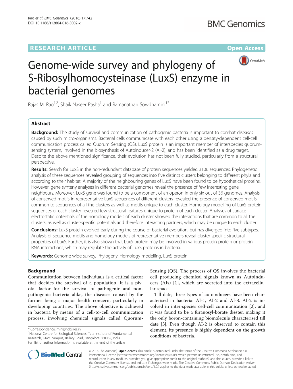 Genome-Wide Survey and Phylogeny of S-Ribosylhomocysteinase (Luxs) Enzyme in Bacterial Genomes Rajas M