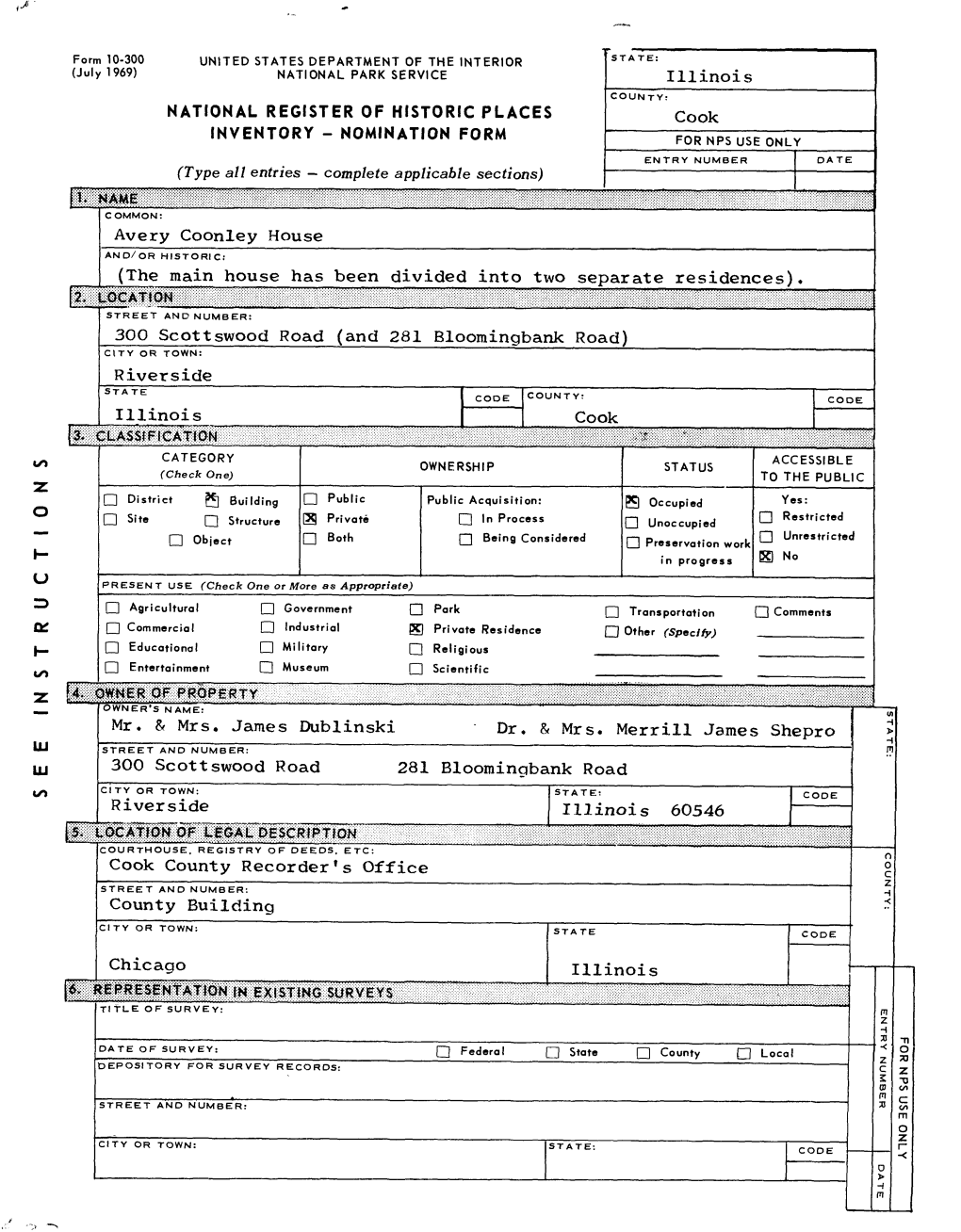 And 281 Bloomingbank Road) CITY OR TOWN: Riverside COUNTY: Illinois Cook