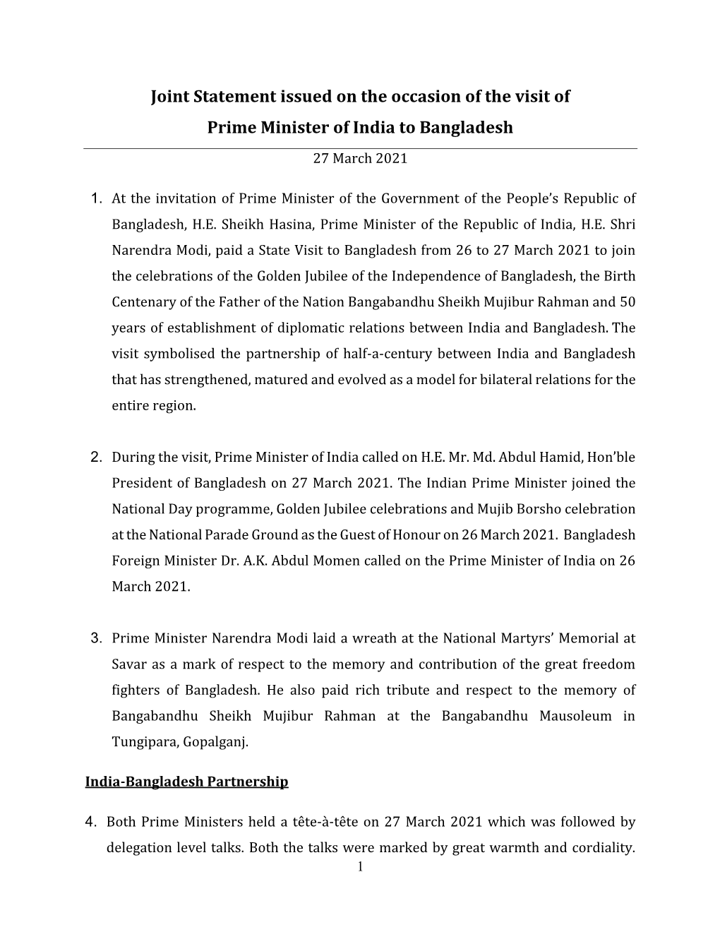 Joint Statement Issued on the Occasion of the Visit of Prime Minister of India to Bangladesh 27 March 2021