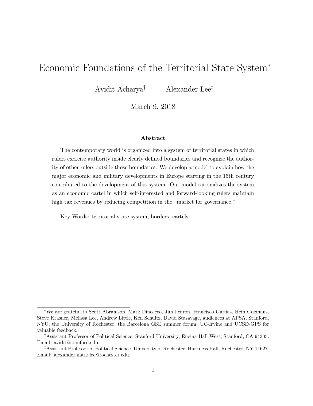 Economic Foundations of the Territorial State System∗