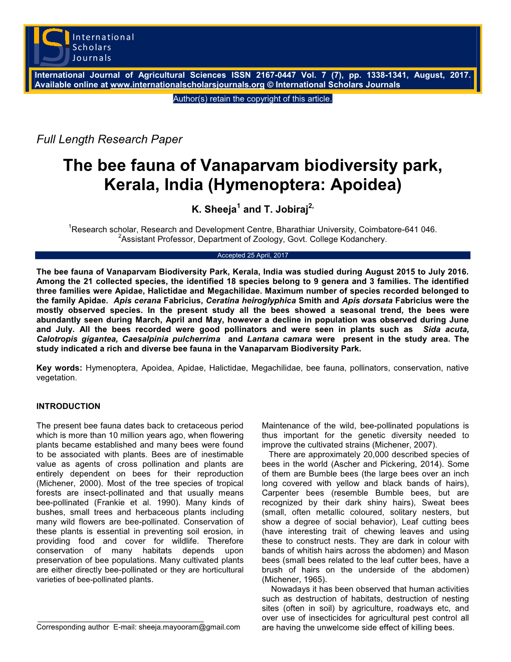 The Bee Fauna of Vanaparvam Biodiversity Park, Kerala, India (Hymenoptera: Apoidea)