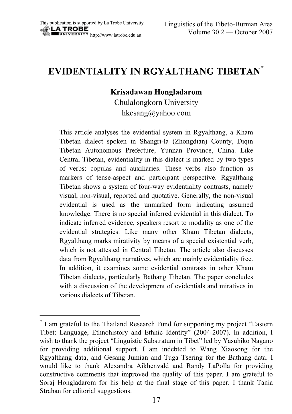 Evidentiality in Rgyalthang Tibetan*