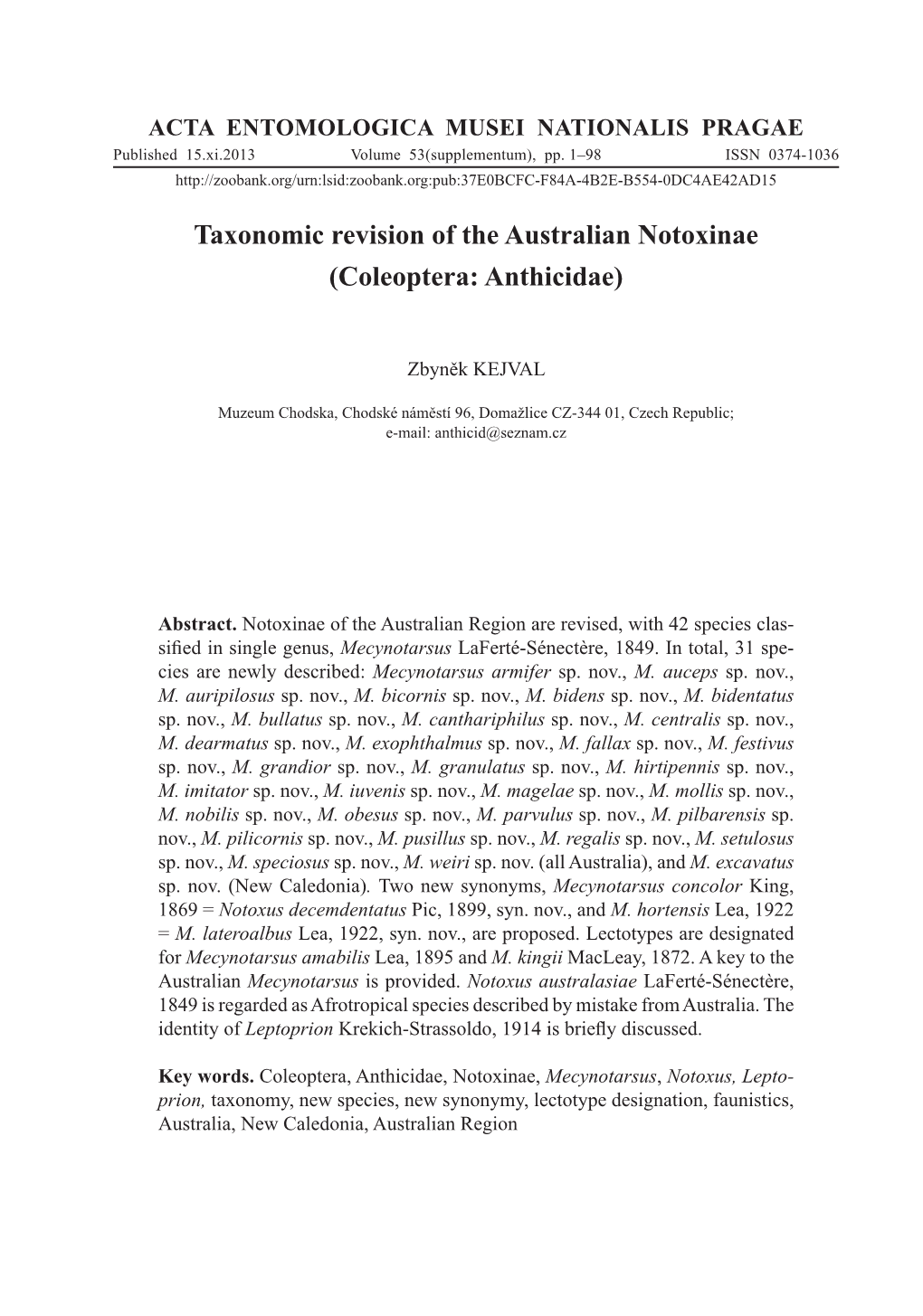 Taxonomic Revision of the Australian Notoxinae (Coleoptera: Anthicidae)