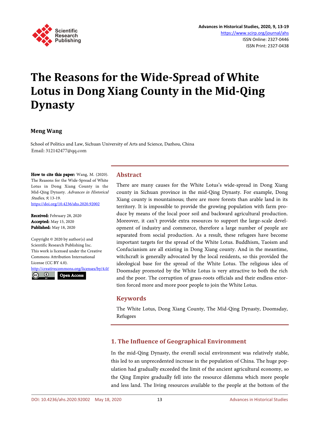 The Reasons for the Wide-Spread of White Lotus in Dong Xiang County in the Mid-Qing Dynasty
