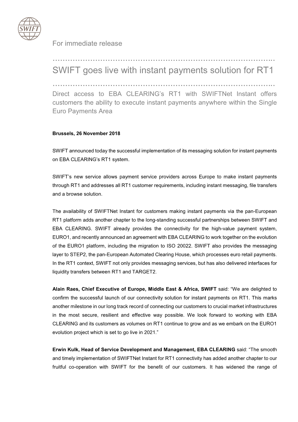SWIFT Goes Live with Instant Payments Solution for RT1