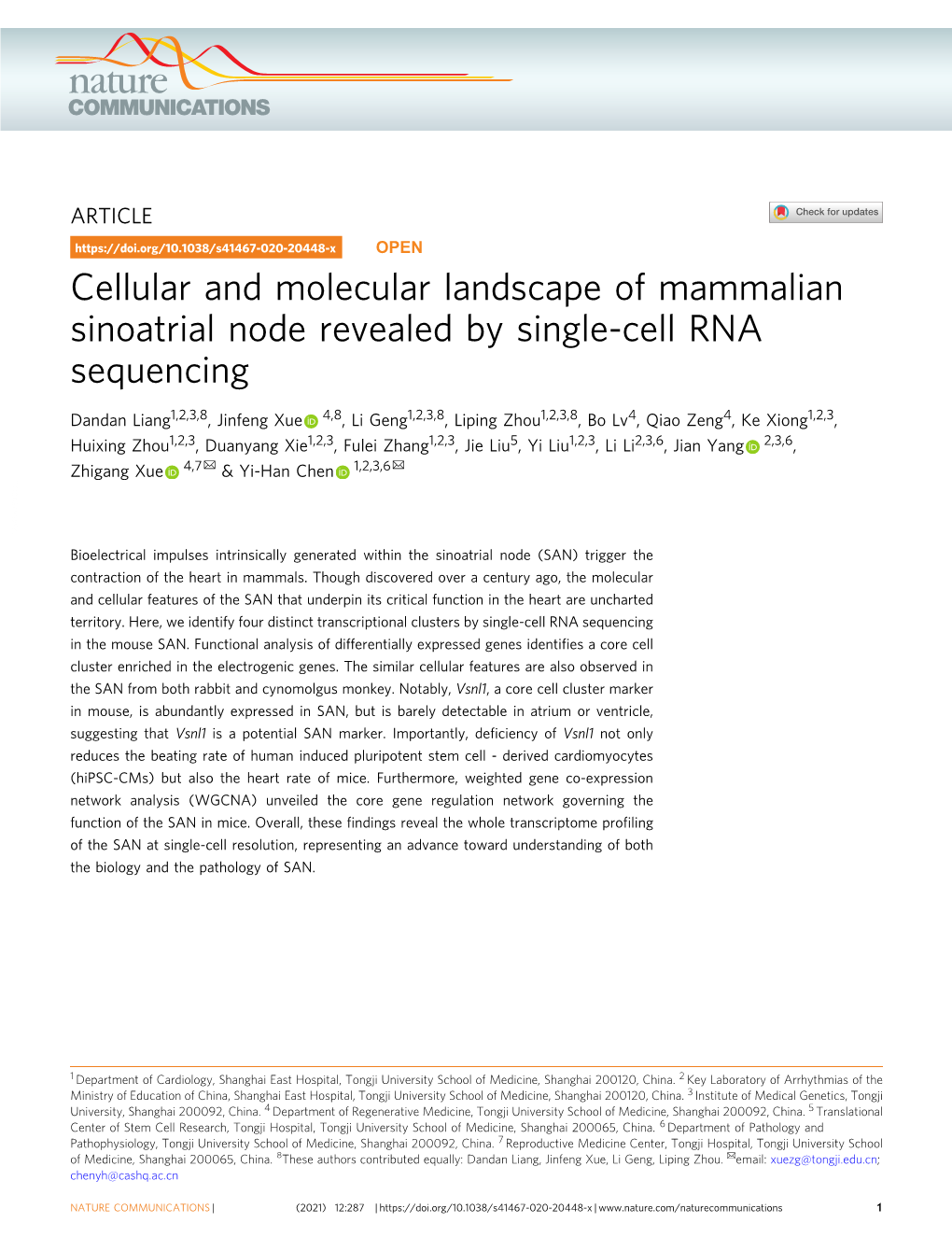 Cellular and Molecular Landscape of Mammalian Sinoatrial Node Revealed by Single-Cell RNA Sequencing