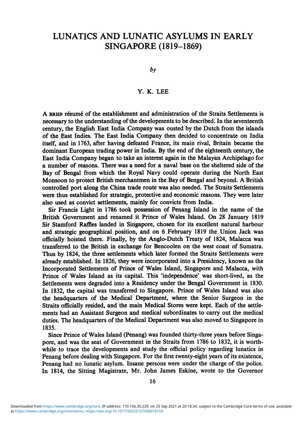 Lunatics and Lunatic Asylums in Early Singapore (1819-1869)