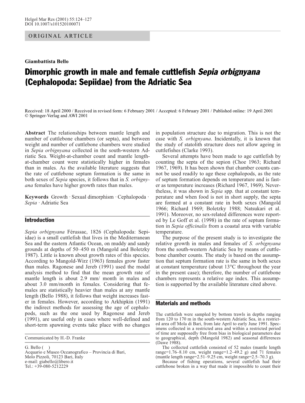 Dimorphic Growth in Male and Female Cuttlefish Sepia Orbignyana (Cephalopoda: Sepiidae) from the Adriatic Sea