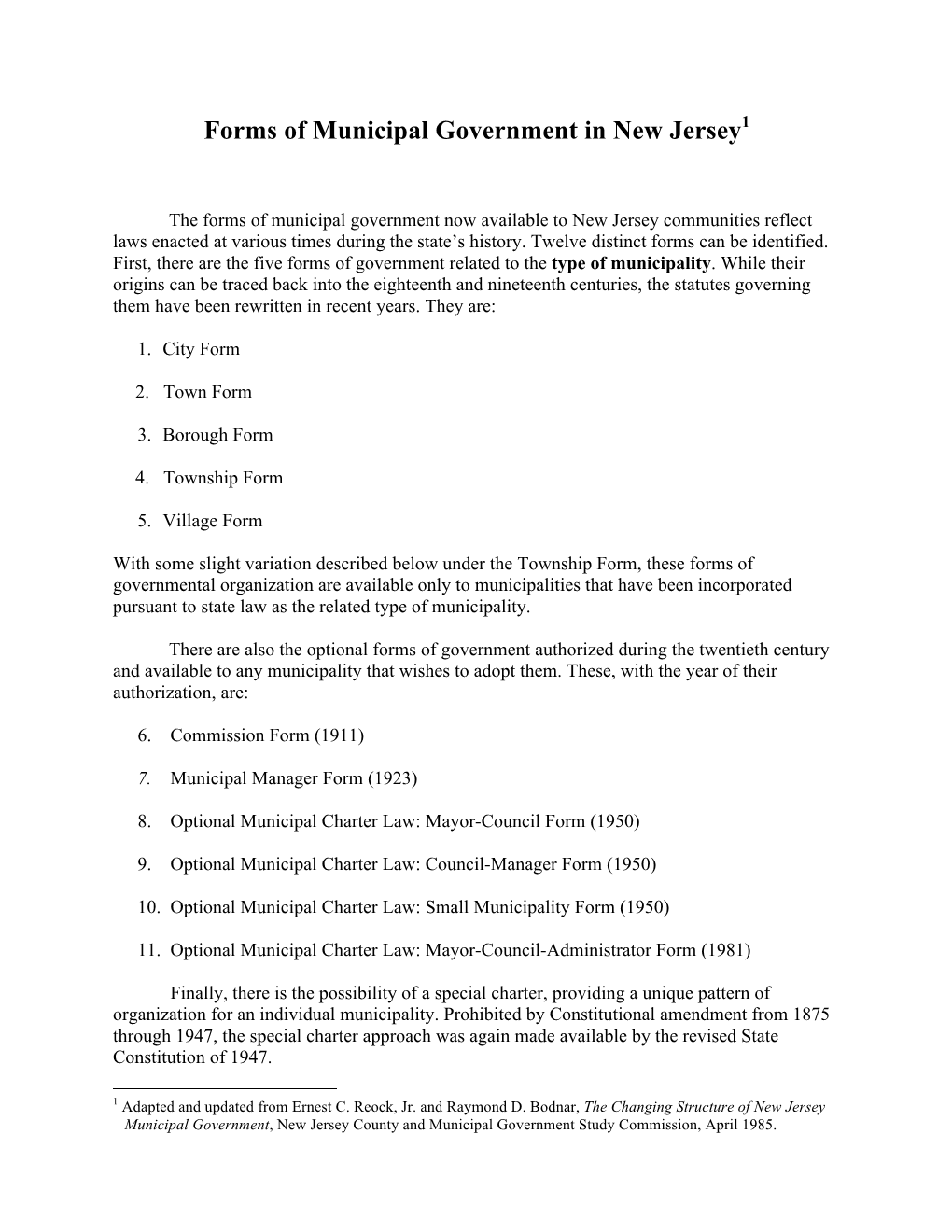 Forms of Municipal Government in New Jersey1