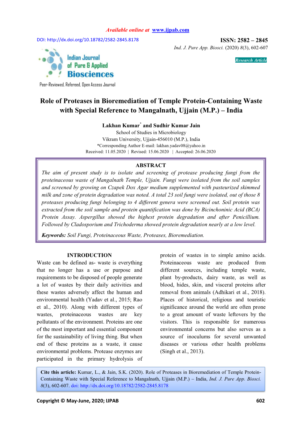 Role of Proteases in Bioremediation of Temple Protein-Containing Waste with Special Reference to Mangalnath, Ujjain (M.P.) – India
