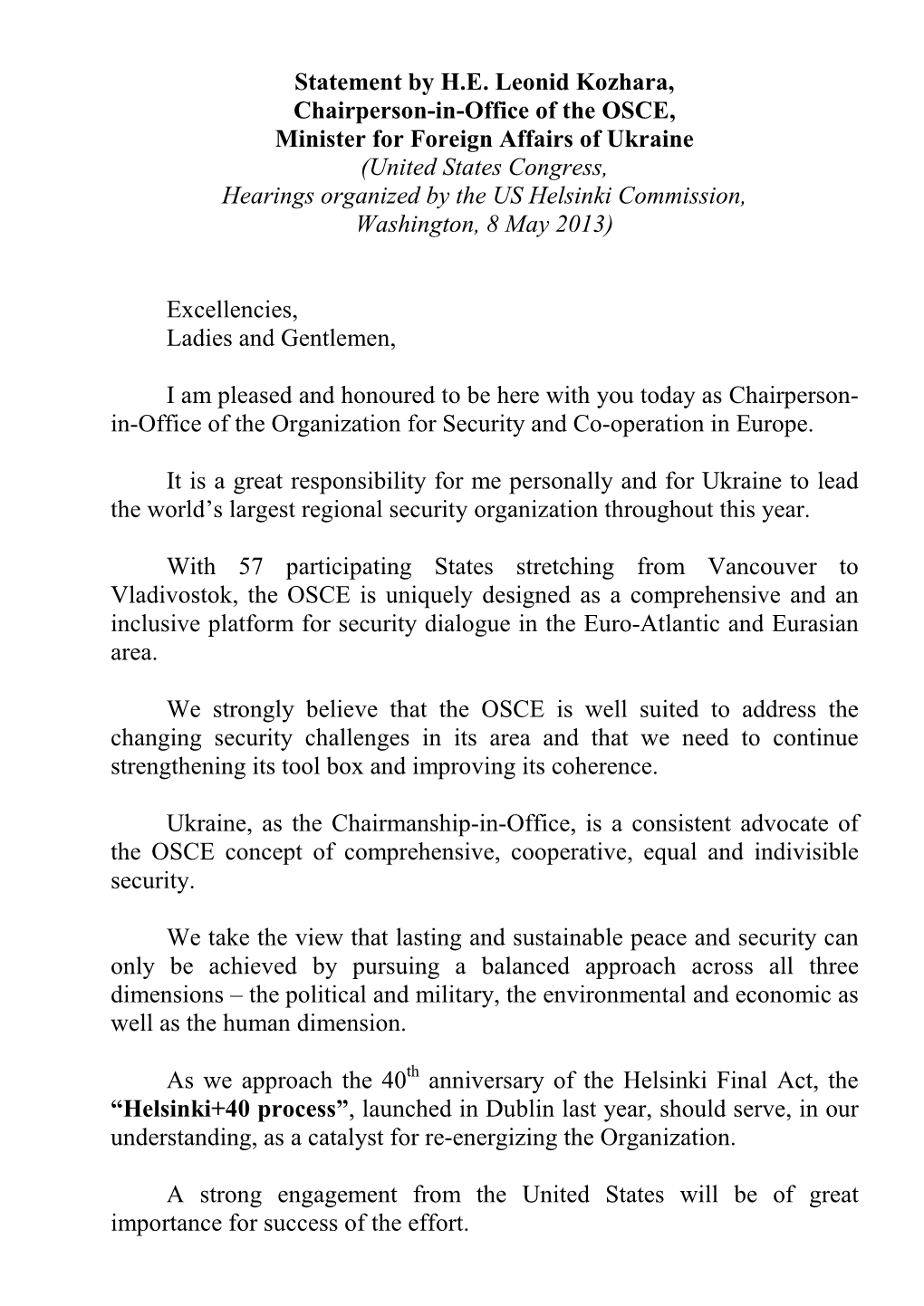 Statement by His Excellency Leonid Kozhara