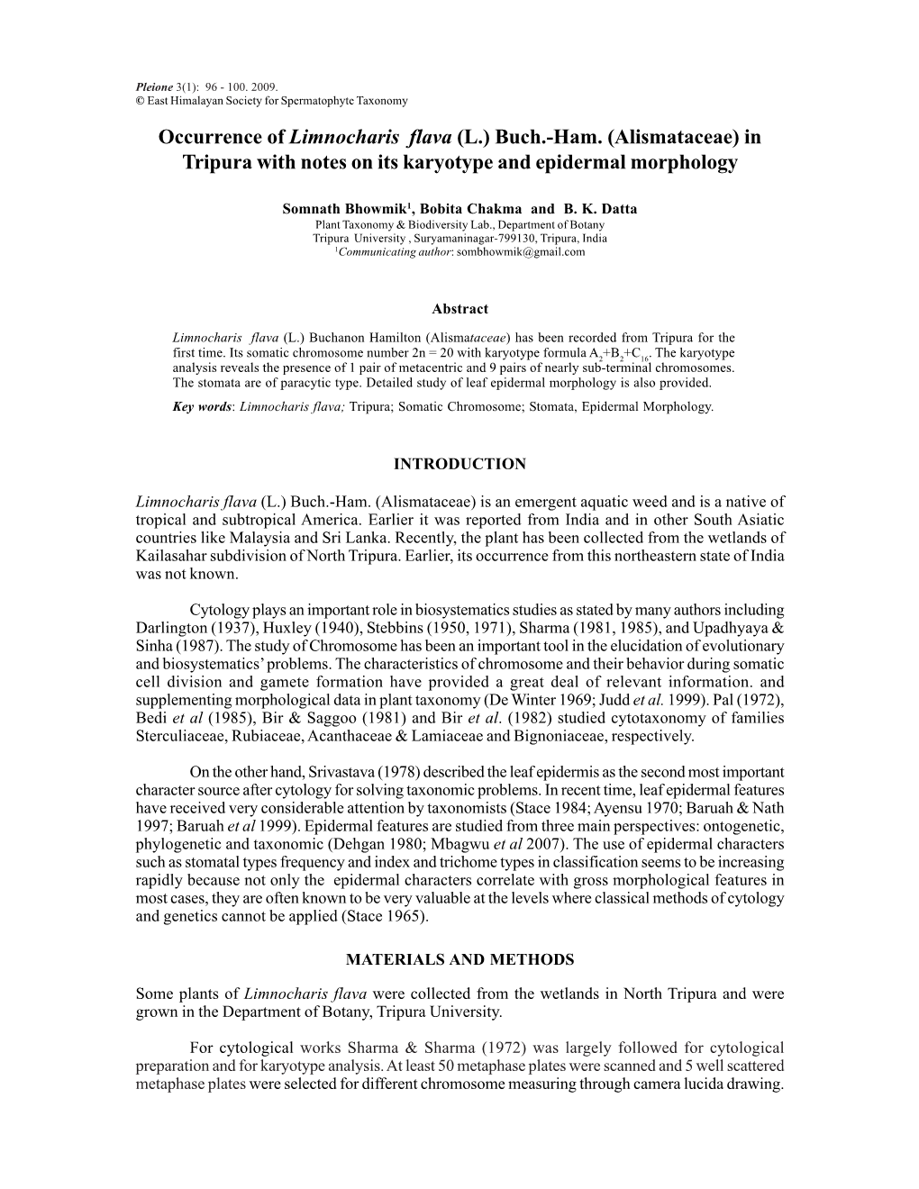 Occurrence of Limnocharis Flava (L.) Buch.-Ham. (Alismataceae) in Tripura with Notes on Its Karyotype and Epidermal Morphology