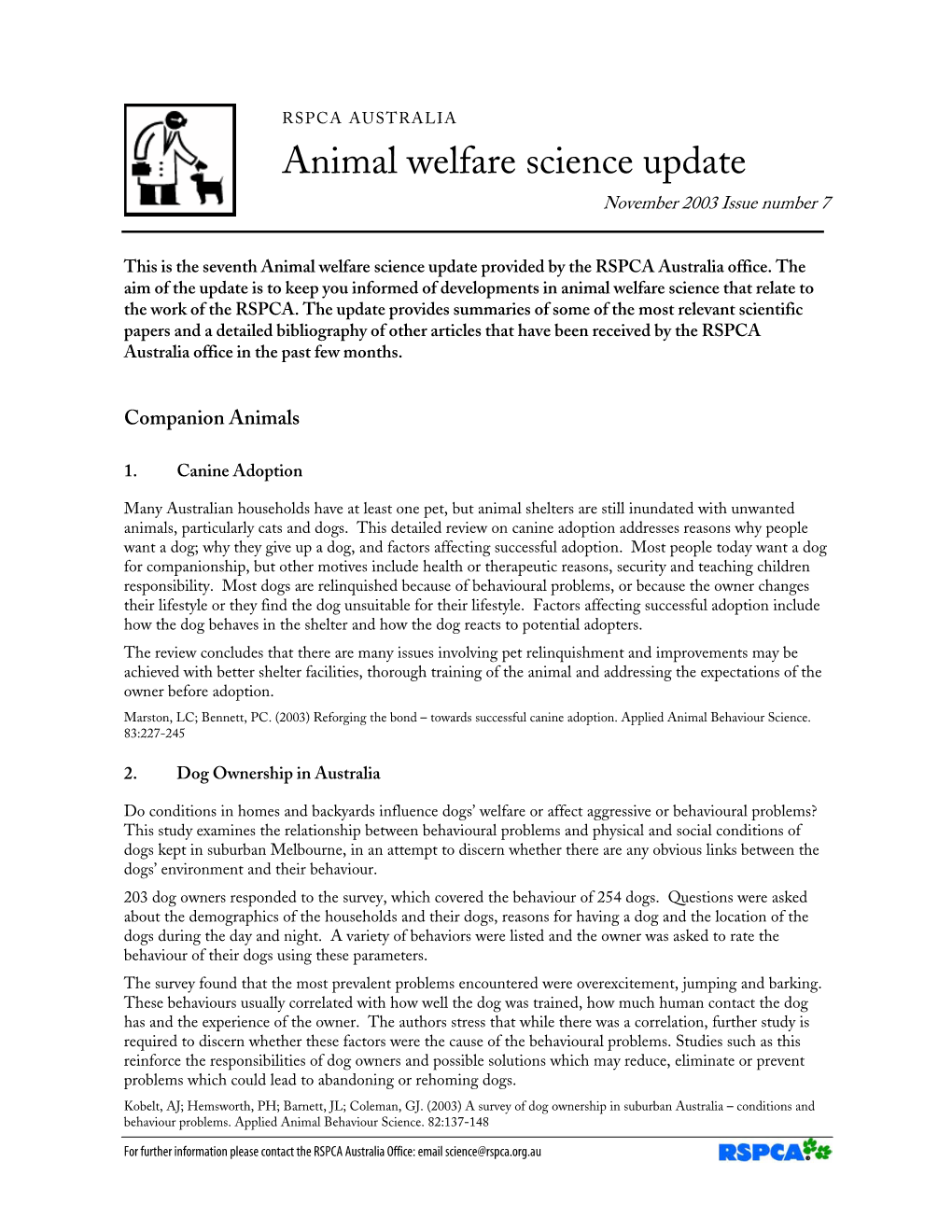 Animal Welfare Science Update November 2003 Issue Number 7