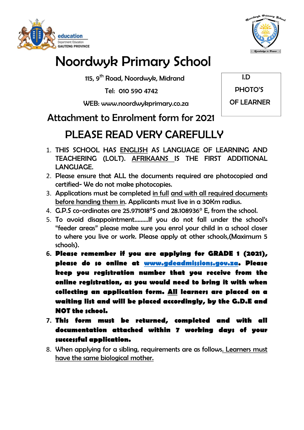 Attachment to Enrolment Form for 2021 PLEASE READ VERY CAREFULLY 1