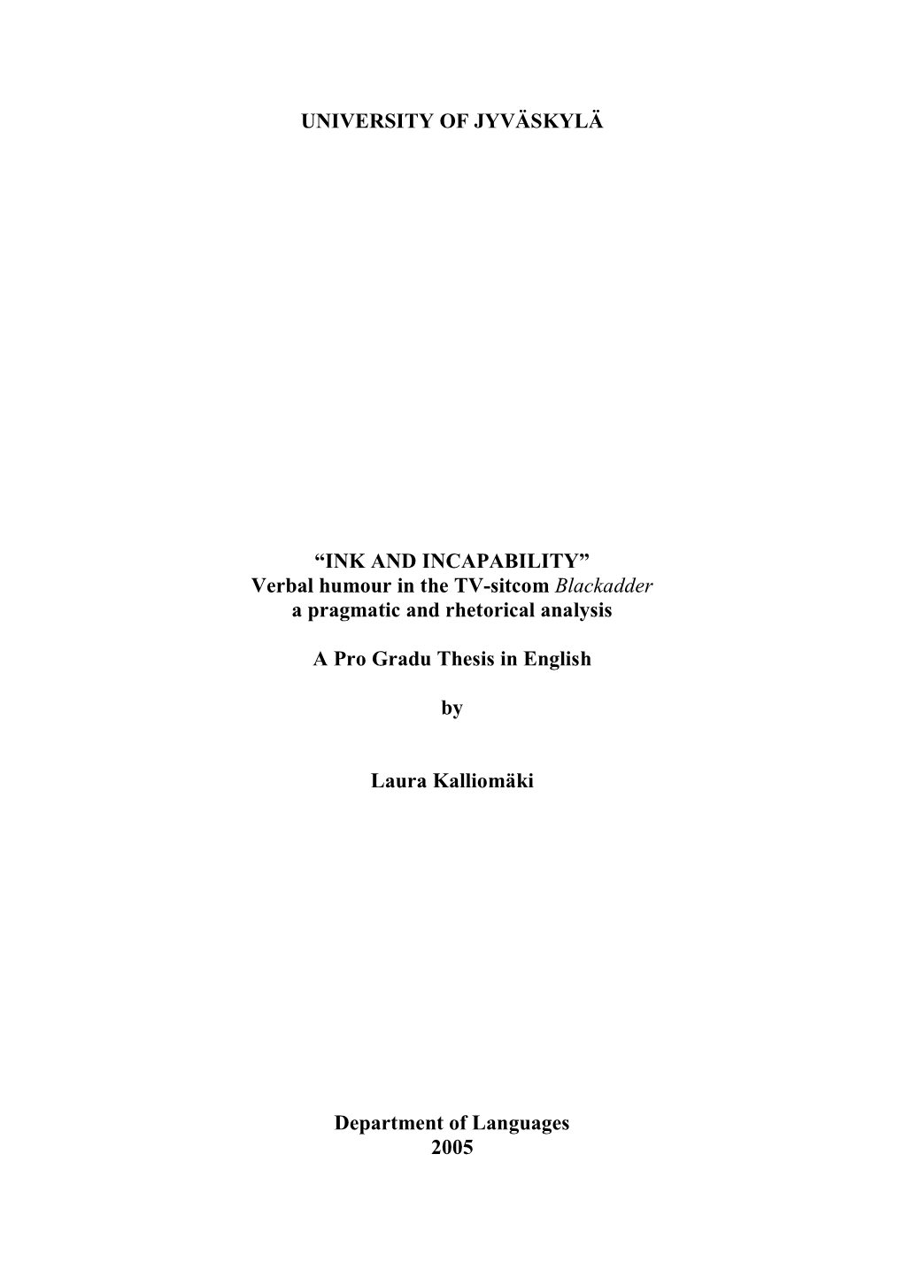 Verbal Humour in the TV-Sitcom Blackadder a Pragmatic and Rhetorical Analysis