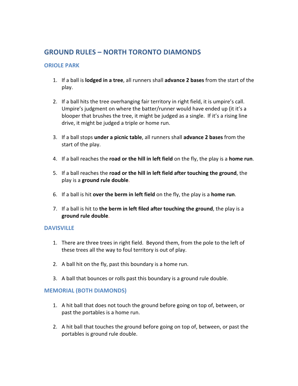 Ground Rules – North Toronto Diamonds Oriole Park