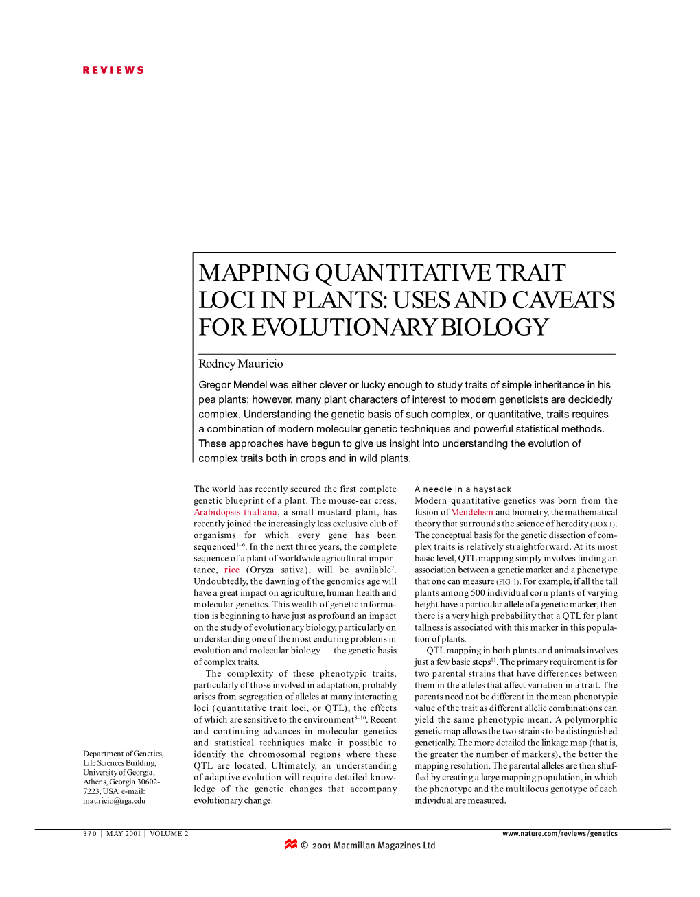 Mapping Quantitative Trait Loci in Plants: Uses and Caveats for Evolutionary Biology