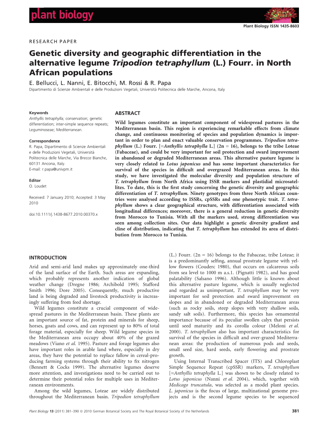 Genetic Diversity and Geographic Differentiation in the Alternative Legume Tripodion Tetraphyllum (L.) Fourr