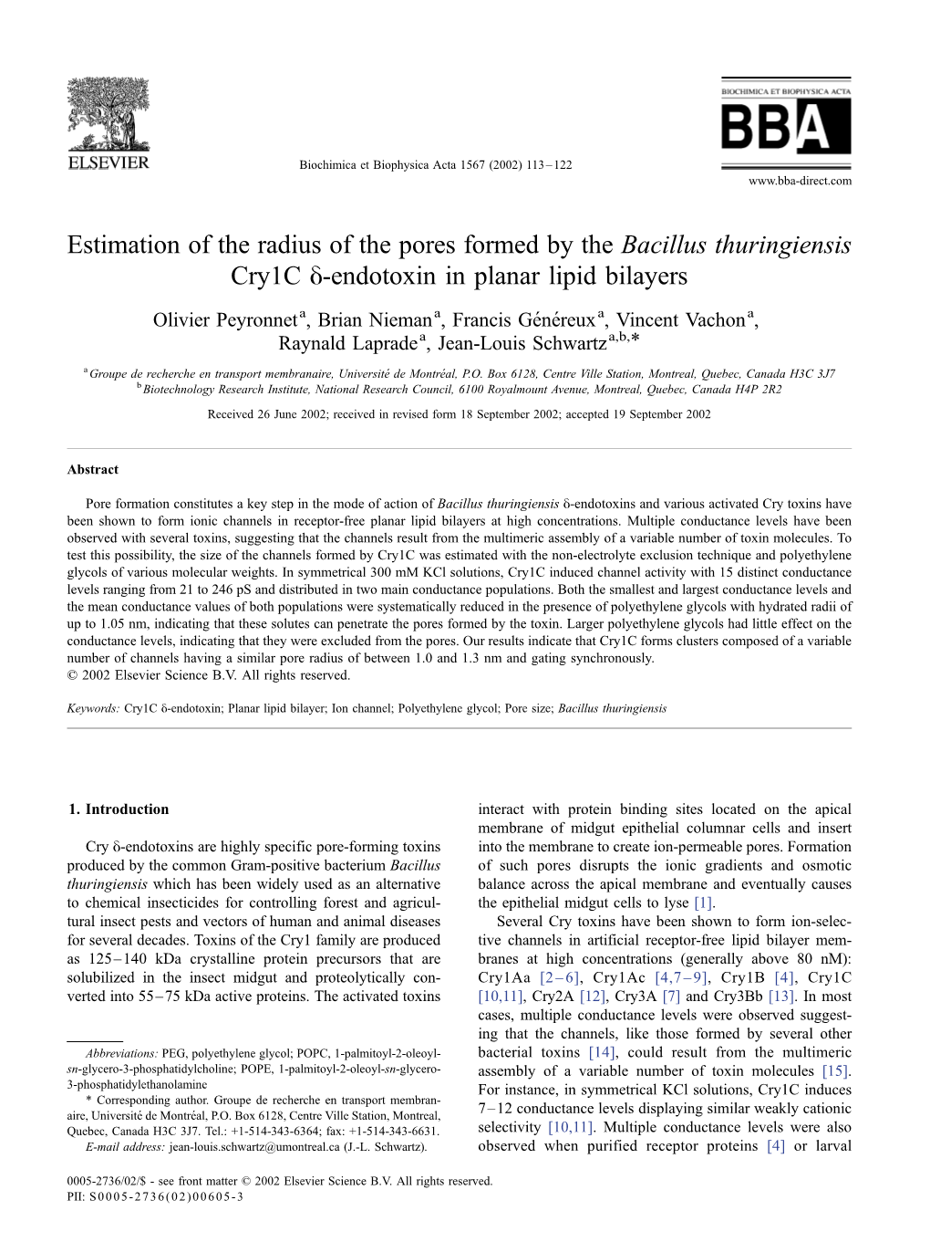 Bacillus Thuringiensis Cry1c Y-Endotoxin in Planar Lipid Bilayers