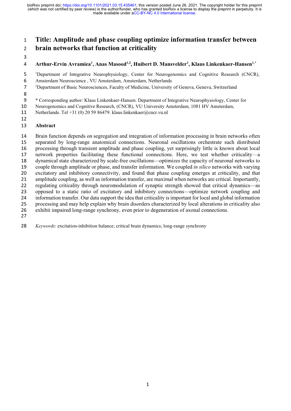 Amplitude and Phase Coupling Optimize Information Transfer Between 2 Brain Networks That Function at Criticality 3 4 Arthur-Ervin Avramiea1, Anas Masood1,2, Huibert D