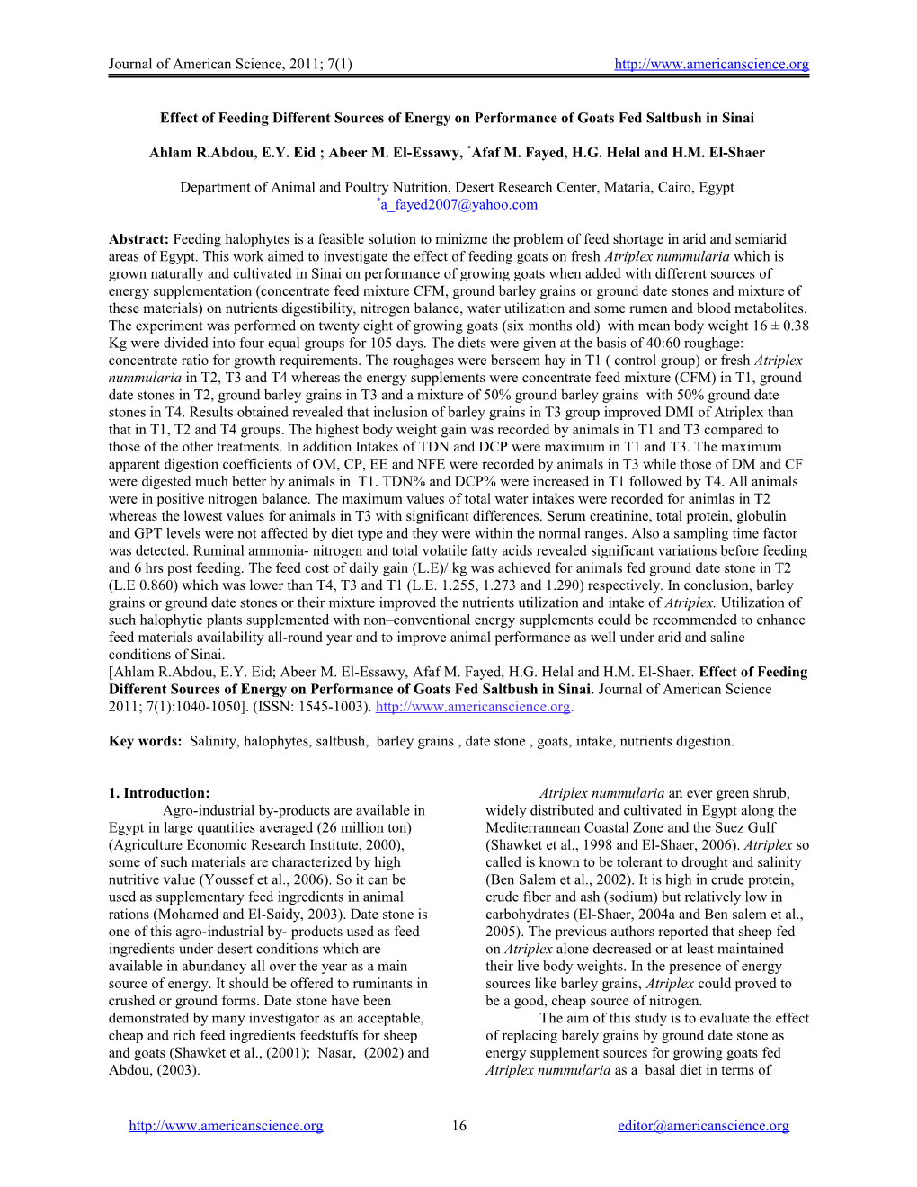 Effect of Feeding Different Sources of Energy on Performance of Goats Fed Saltbush in Sinai