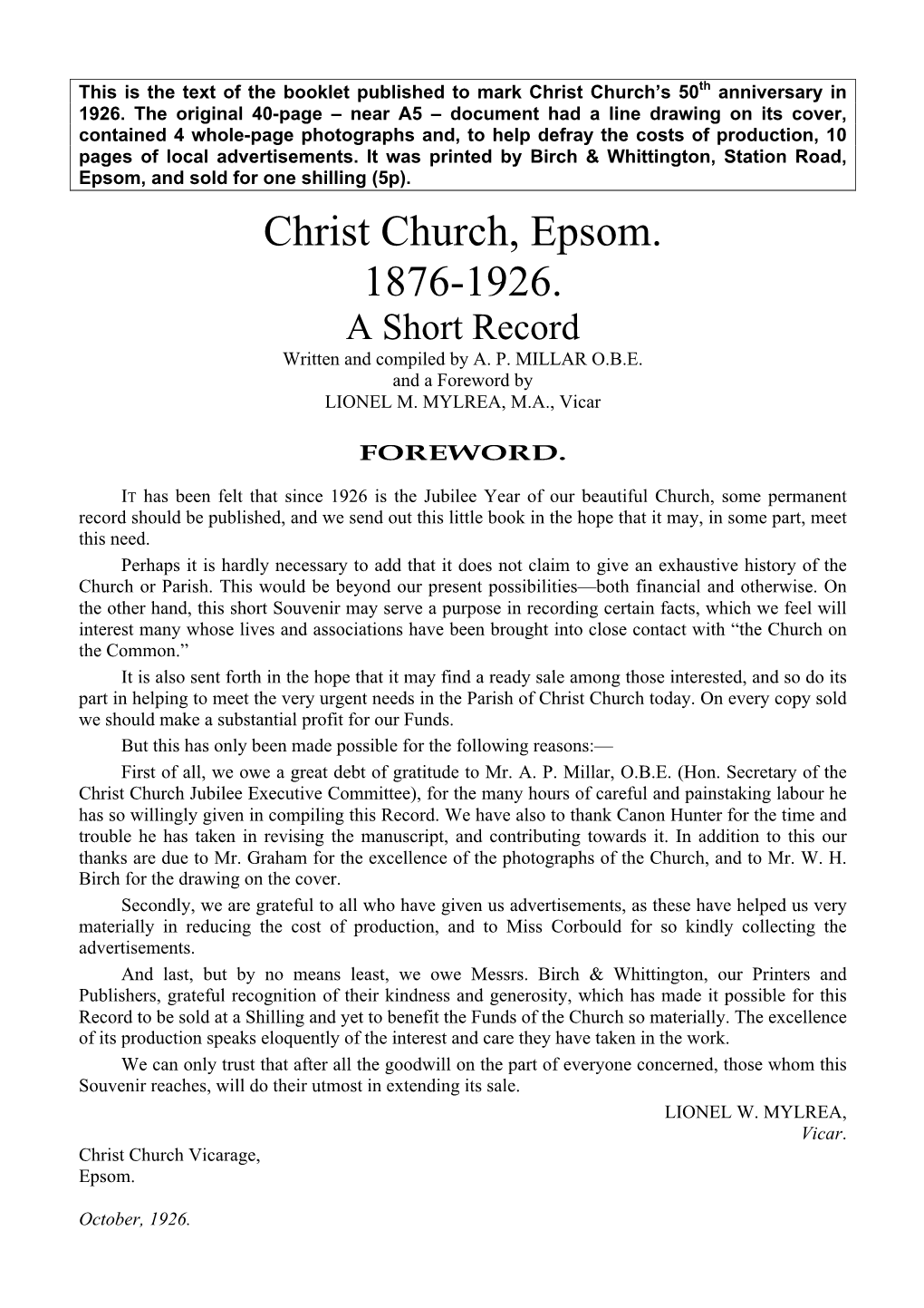 Christ Church, Epsom. 1876-1926. a Short Record Written and Compiled by A