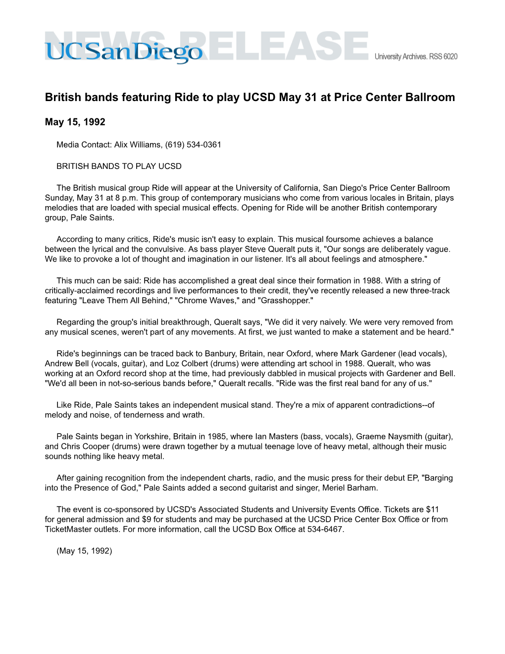 British Bands Featuring Ride to Play UCSD May 31 at Price Center Ballroom