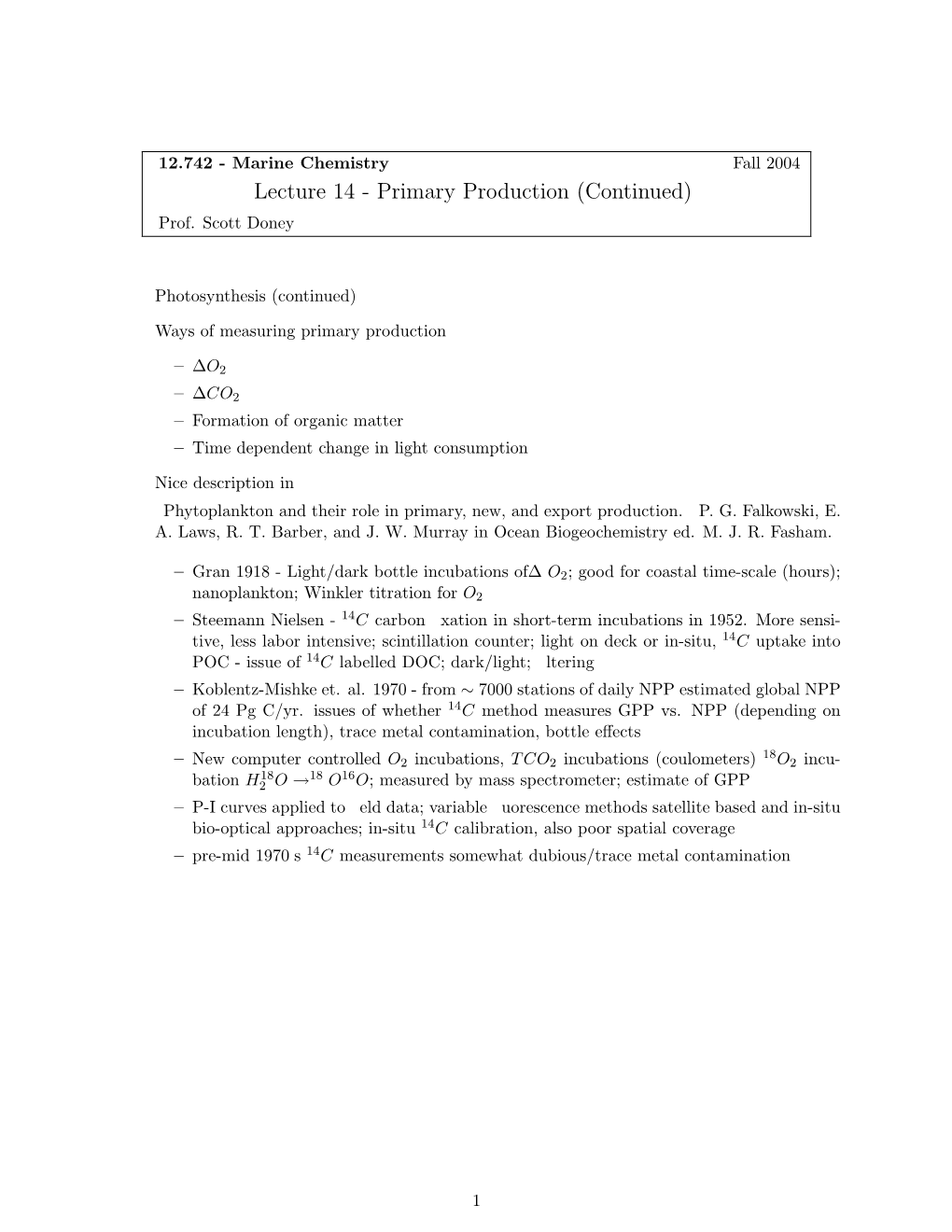 Lecture 14 - Primary Production (Continued) Prof