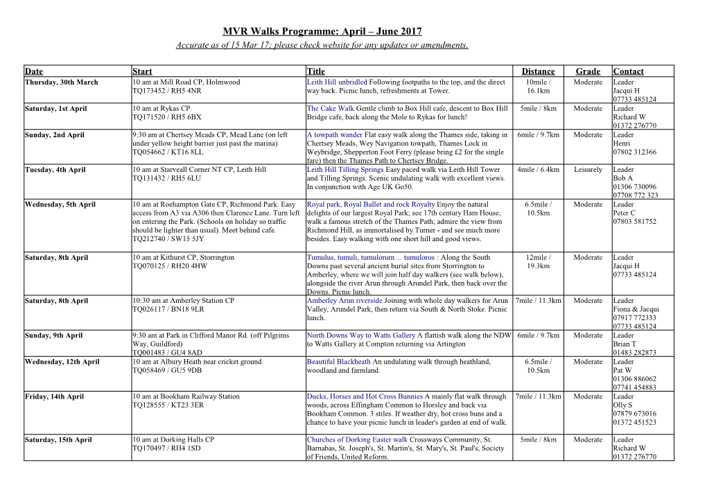 MVR Walks Programme: April – June 2017 Accurate As of 15 Mar 17; Please Check Website for Any Updates Or Amendments