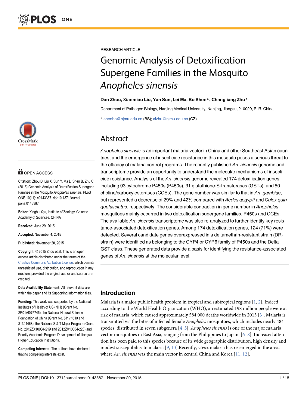 Genomic Analysis of Detoxification Supergene Families in the Mosquito Anopheles Sinensis