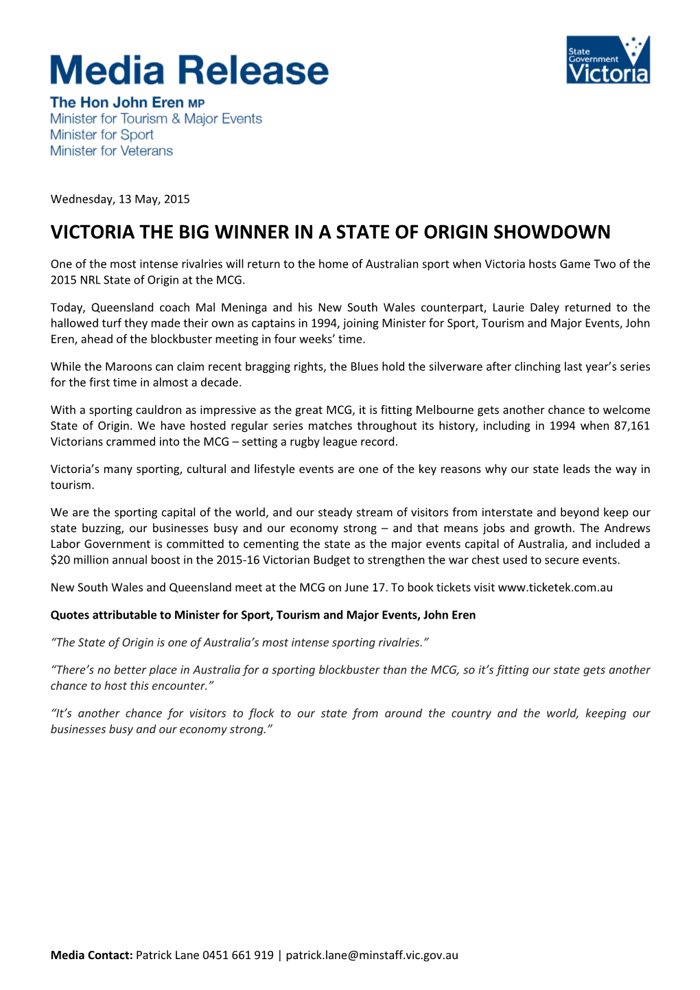 Victoria the Big Winner in a State of Origin Showdown
