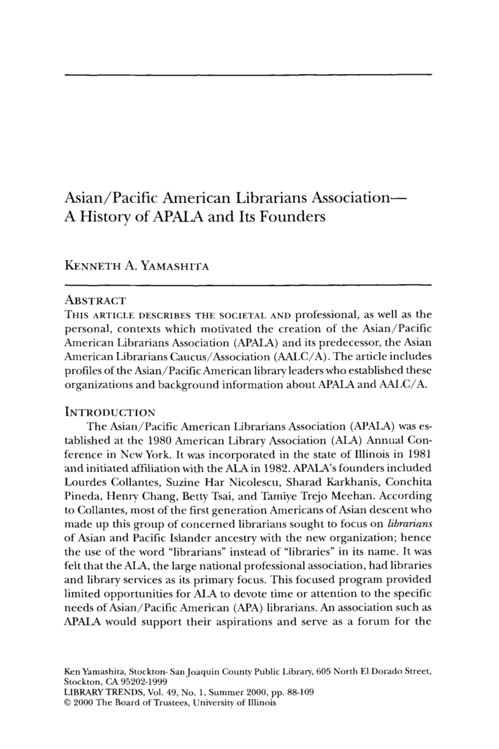 A History of APALA and Its Founders
