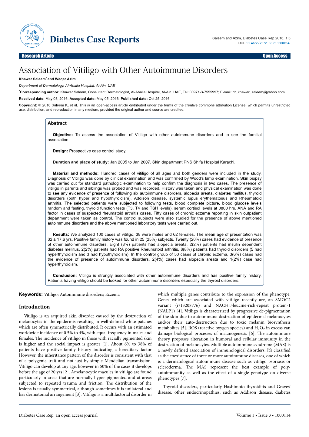 Association of Vitiligo with Other Autoimmune Disorders
