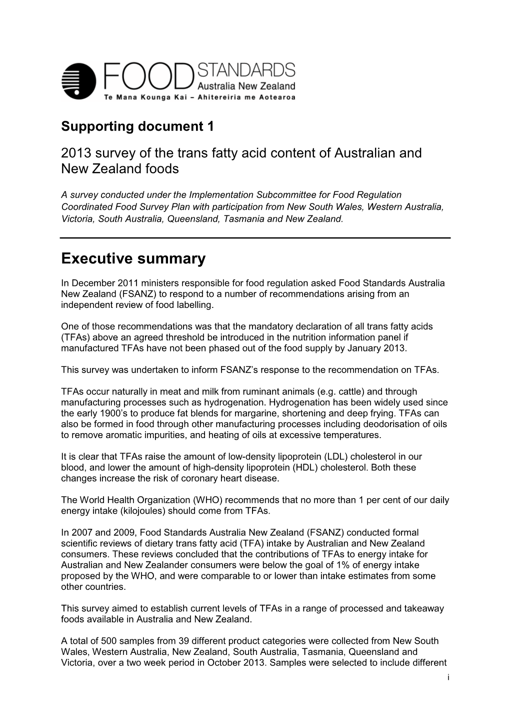 Supporting Document 1 2013 Survey of the Trans Fatty Acid Content Of