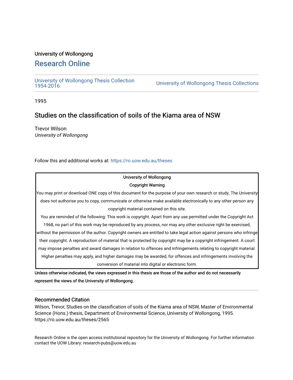 Studies on the Classification of Soils of the Kiama Area of NSW