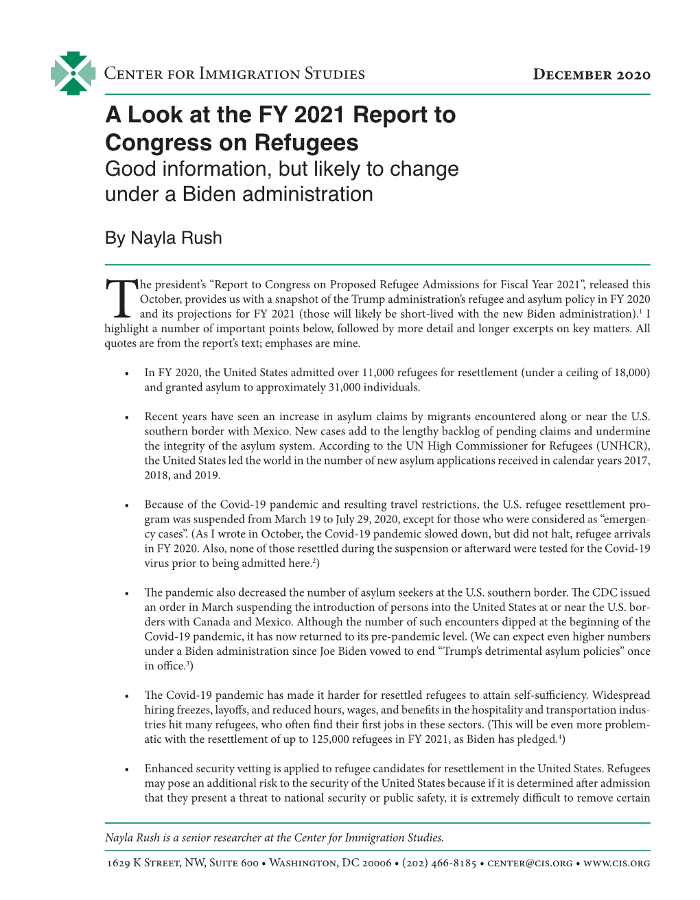 A Look at the FY 2021 Report to Congress on Refugees Good Information, but Likely to Change Under a Biden Administration