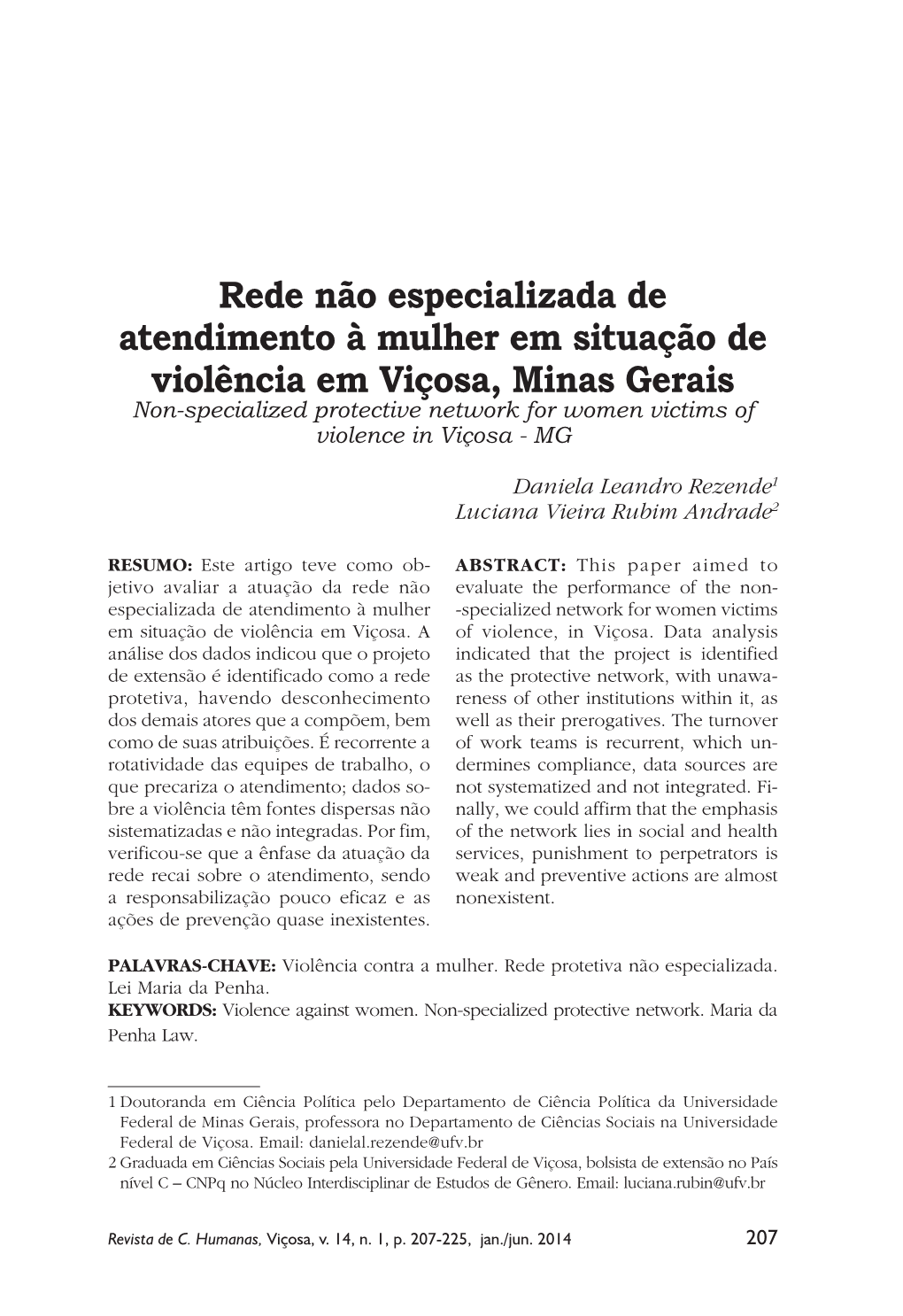 Rede Não Especializada De Atendimento À Mulher Em Situação De Violência Em Viçosa, Minas Gerais