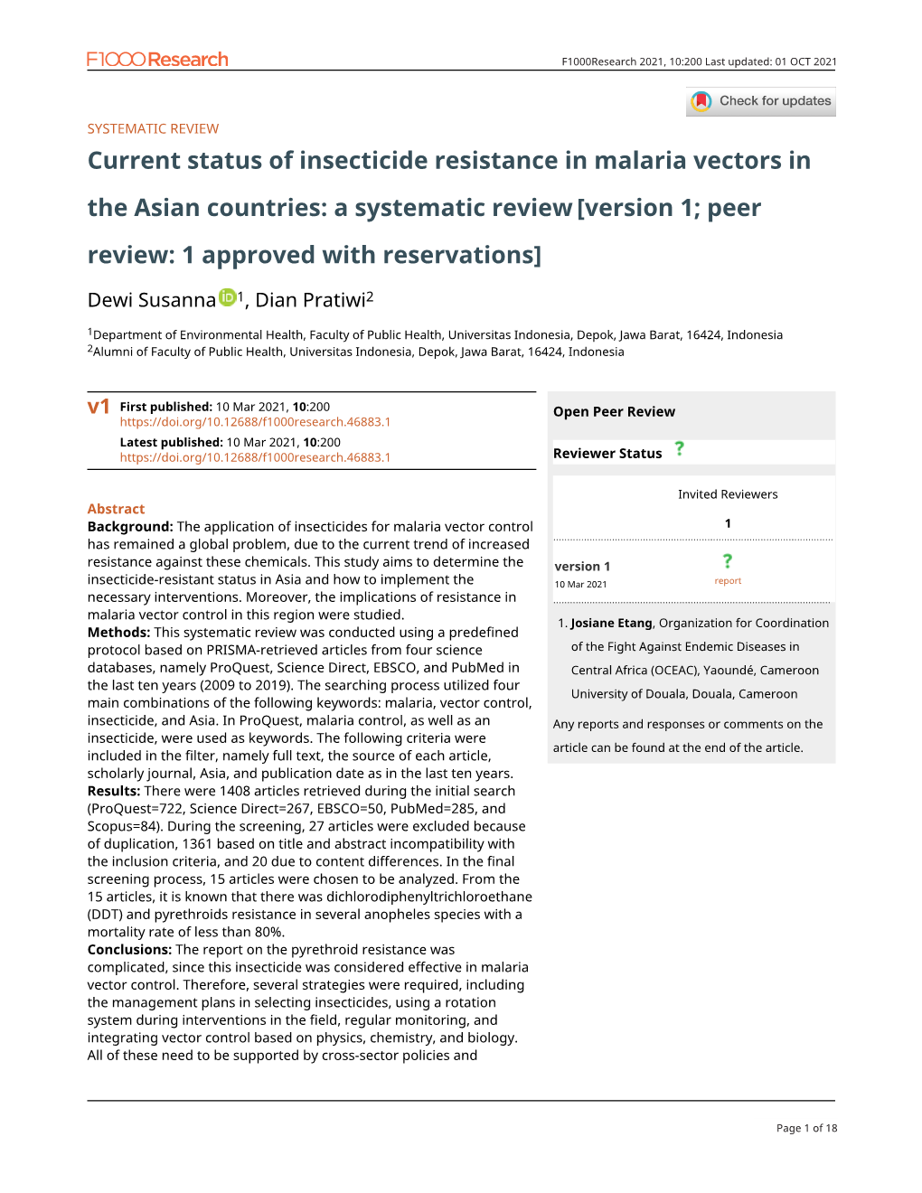 Current Status of Insecticide Resistance in Malaria Vectors in the Asian Countries: a Systematic Review [Version 1; Peer Review: 1 Approved with Reservations]