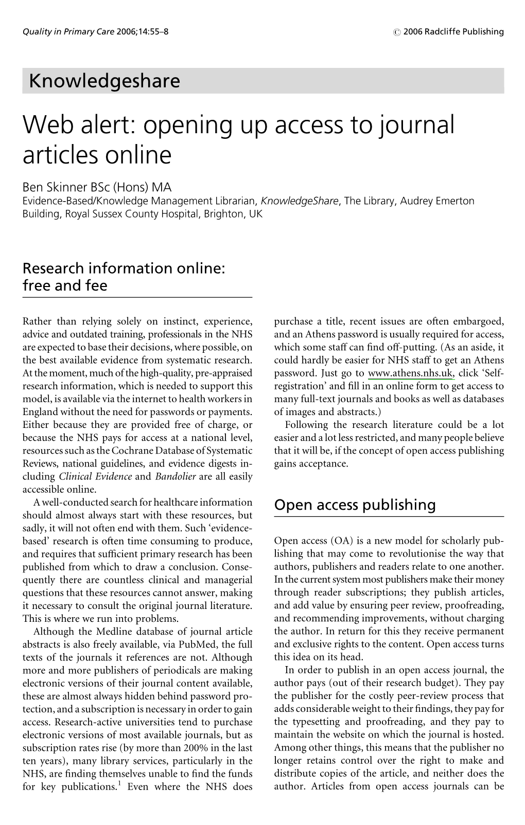 Web Alert: Opening up Access to Journal Articles Online