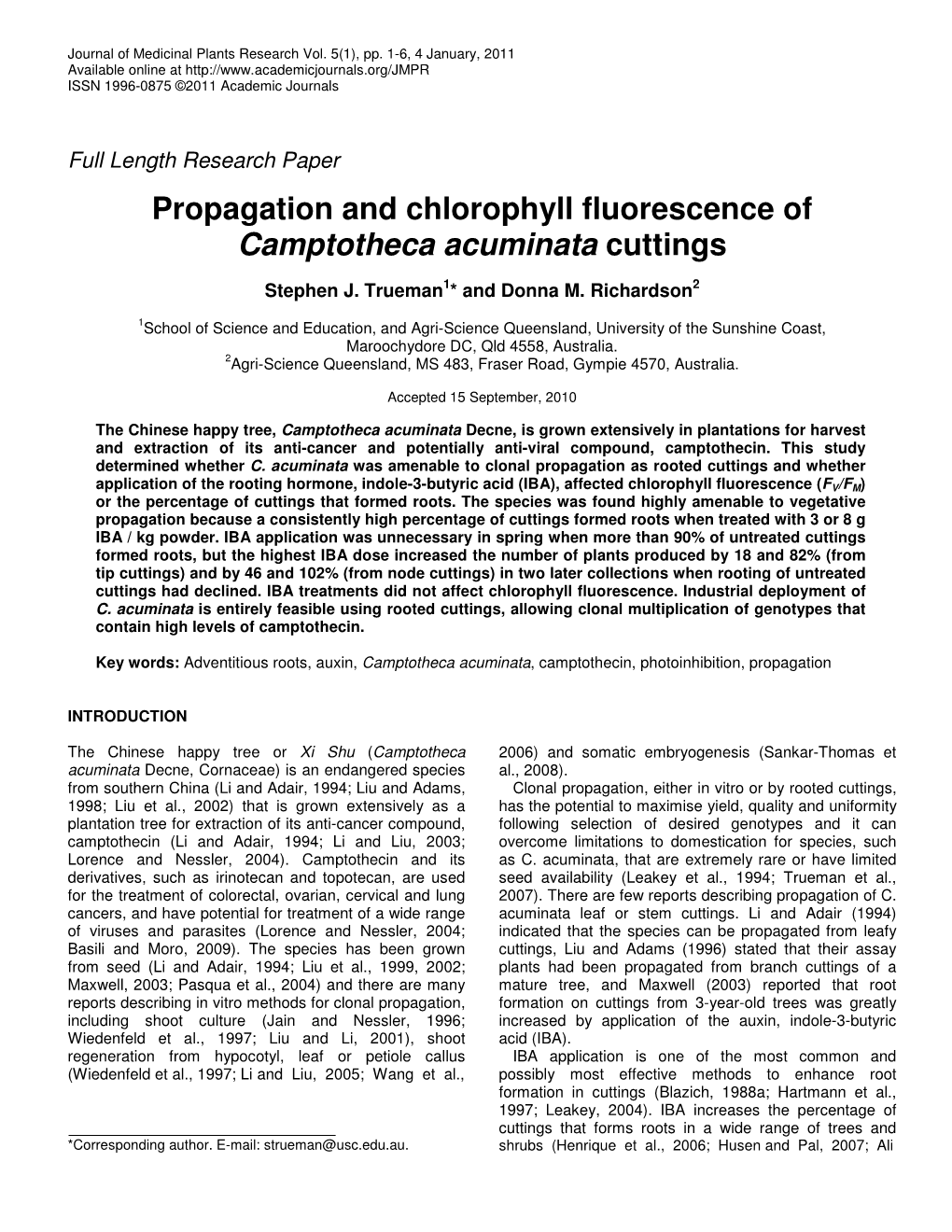 Propagation and Chlorophyll Fluorescence of Camptotheca Acuminata Cuttings