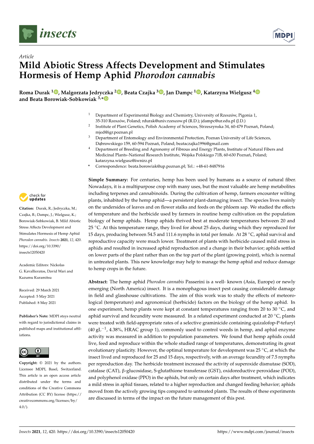 Mild Abiotic Stress Affects Development and Stimulates Hormesis of Hemp Aphid Phorodon Cannabis