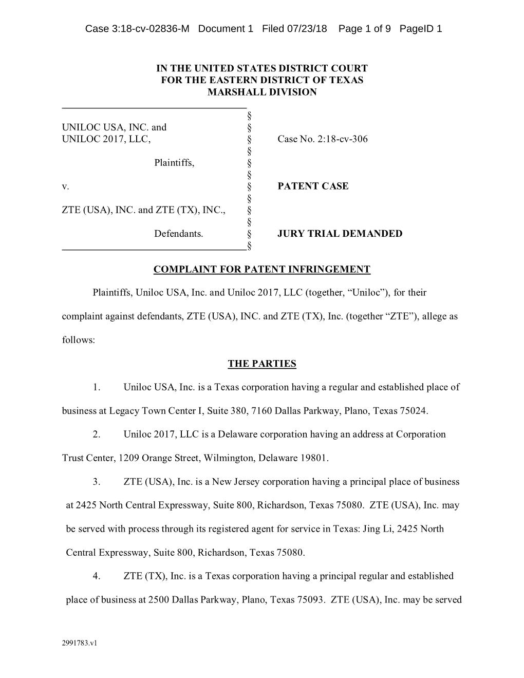 Case 3:18-Cv-02836-M Document 1 Filed 07/23/18 Page 1 of 9 Pageid 1