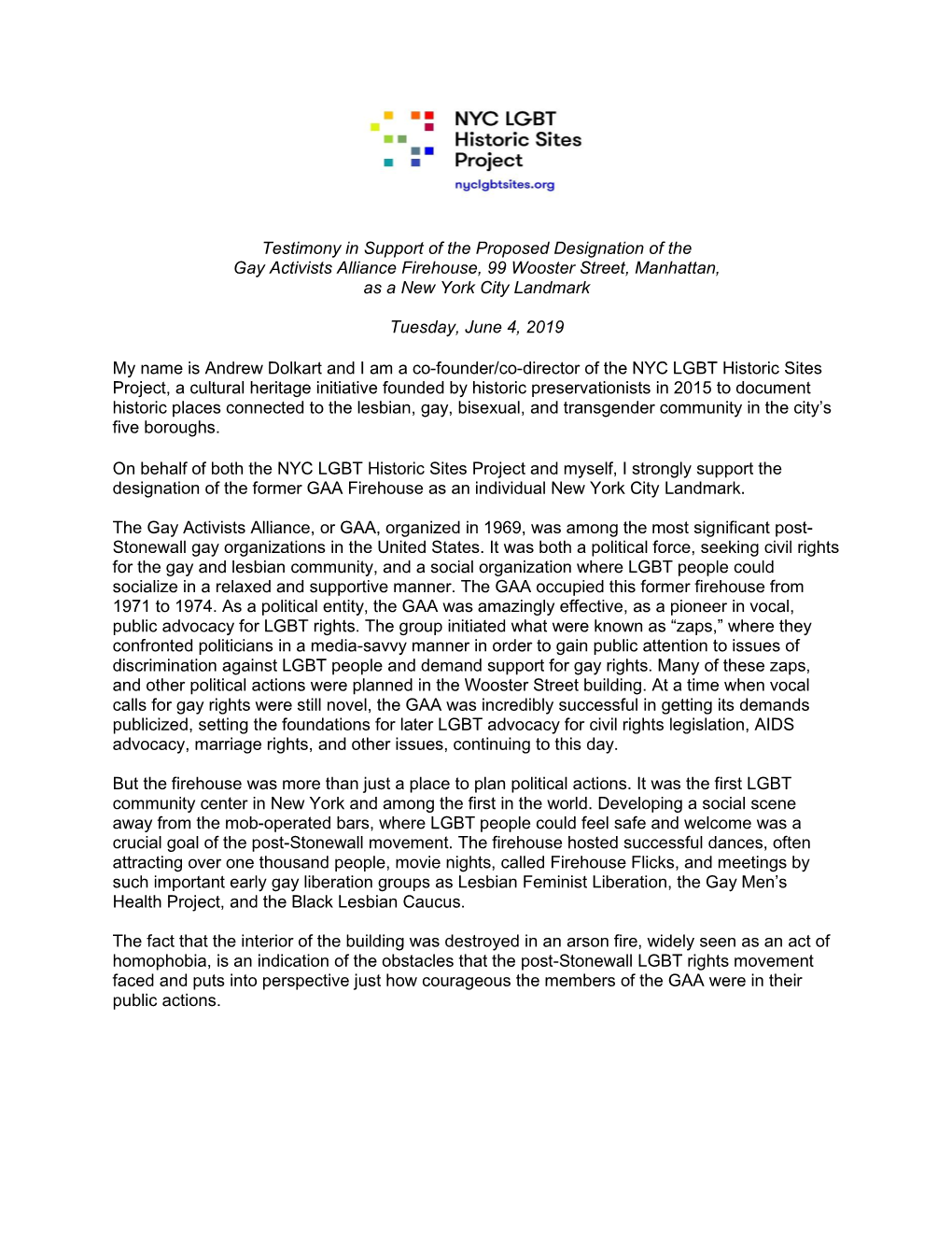 Testimony in Support of the Proposed Designation of the Gay Activists Alliance Firehouse, 99 Wooster Street, Manhattan, As a New York City Landmark